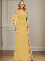 Sheath/Column Cold Shoulder V-Neck Floor-Length Chiffon Dress With Cascading Ruffles Sequins Beading