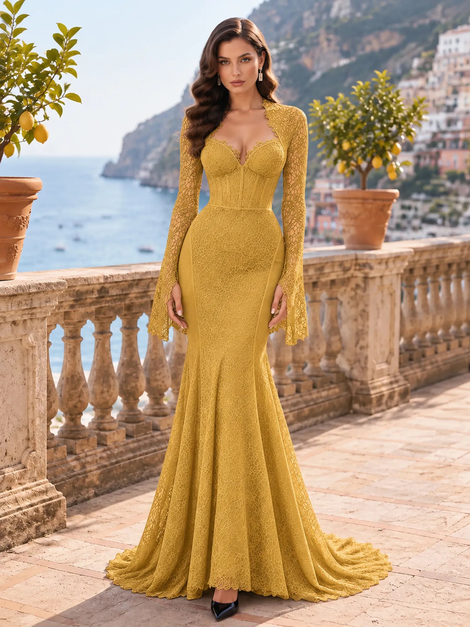 Long-Sleeve Lace-Trimmed Mermaid Evening Dress