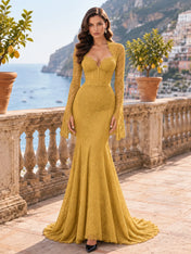 Long-Sleeve Lace-Trimmed Mermaid Evening Dress