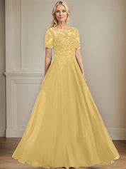 A-line Scoop Illusion Floor-Length Chiffon Lace Mother of the Bride Dress With Sequins Beading