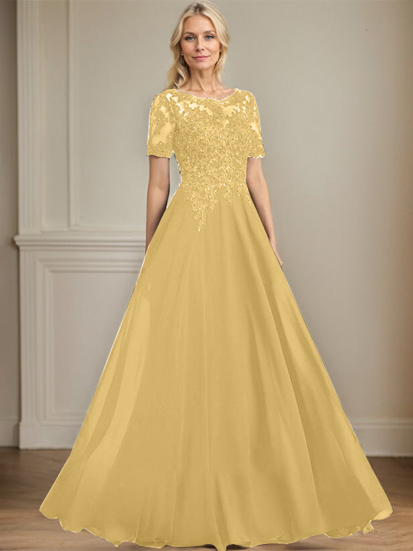 A-line Scoop Illusion Floor-Length Chiffon Lace Mother of the Bride Dress With Sequins Beading