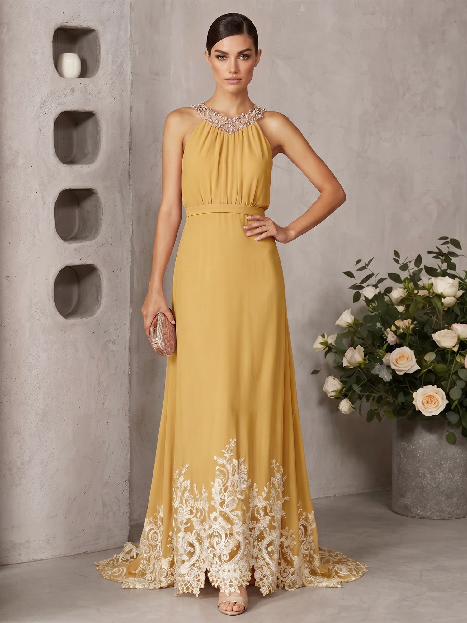 Pink Beaded Ruched Chiffon Halter Sleeveless A-Line Gown Maxi Dress