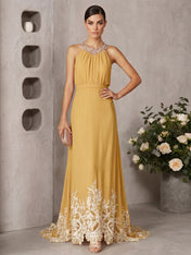 Pink Beaded Ruched Chiffon Halter Sleeveless A-Line Gown Maxi Dress