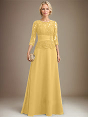 A-line Scoop Illusion Floor-Length Chiffon Lace Mother of the Bride Dress With Pleated Sequins Beading