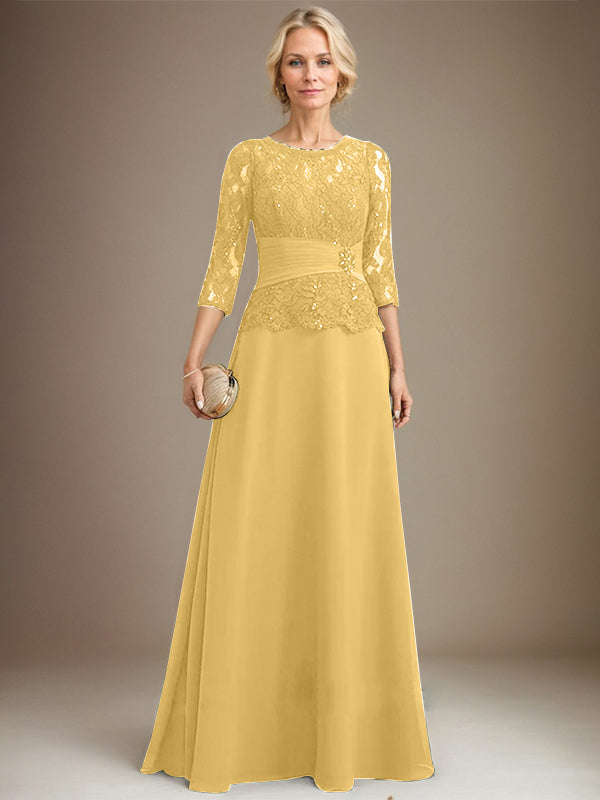 A-line Scoop Illusion Floor-Length Chiffon Lace Mother of the Bride Dress With Pleated Sequins Beading