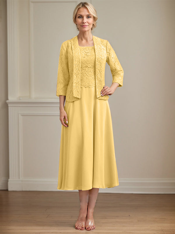 A-line Scoop Tea-Length Lace Chiffon Mother of the Bride Dress