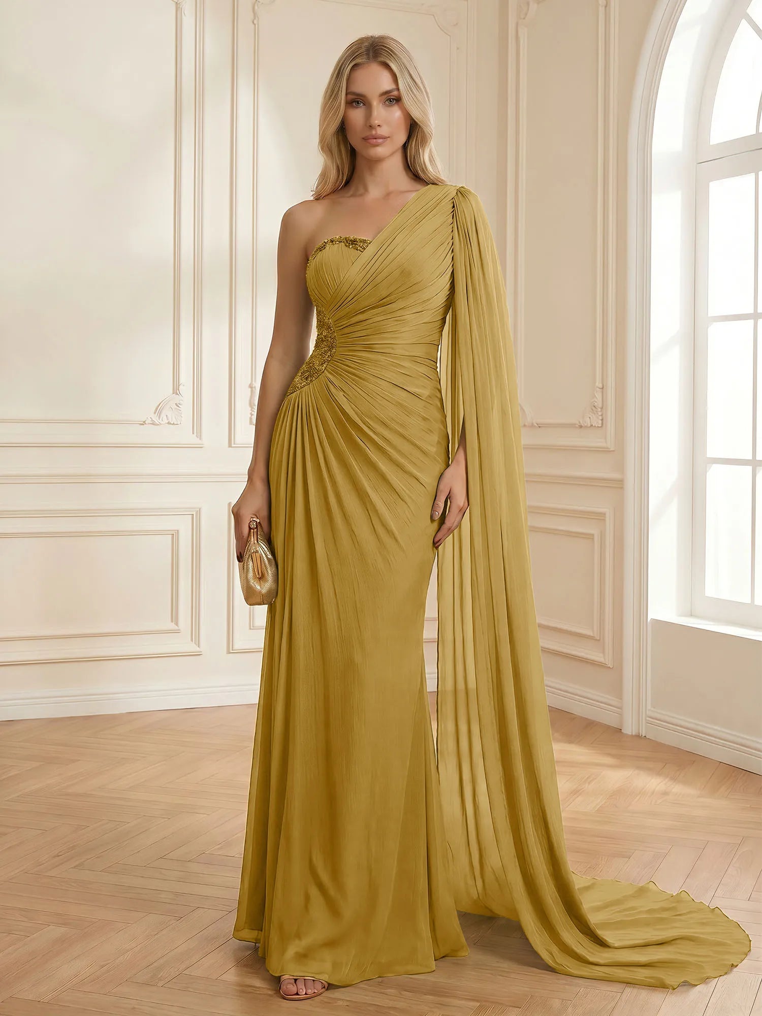 Sage Green One Shoulder Beaded Evening Gown with Cape Sleeve