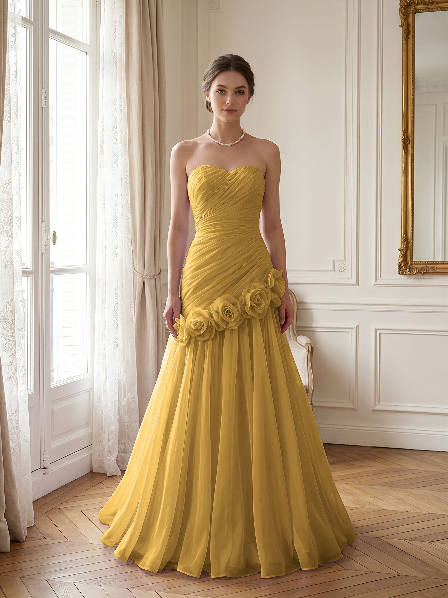 Lilac 3D Rosette Strapless Chiffon Evening Formal Gown Wedding Guest Dress