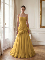 Lilac 3D Rosette Strapless Chiffon Evening Formal Gown Wedding Guest Dress