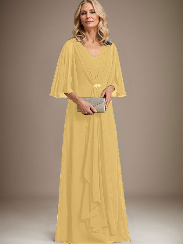 A-line V-Neck Floor-Length Chiffon Mother of the Bride Dress With Cascading Ruffles Crystal Brooch