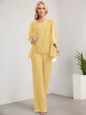 Separates Jumpsuit/Pantsuit Scoop Floor-Length Lace Chiffon Mother of the Bride Dress With Sequins