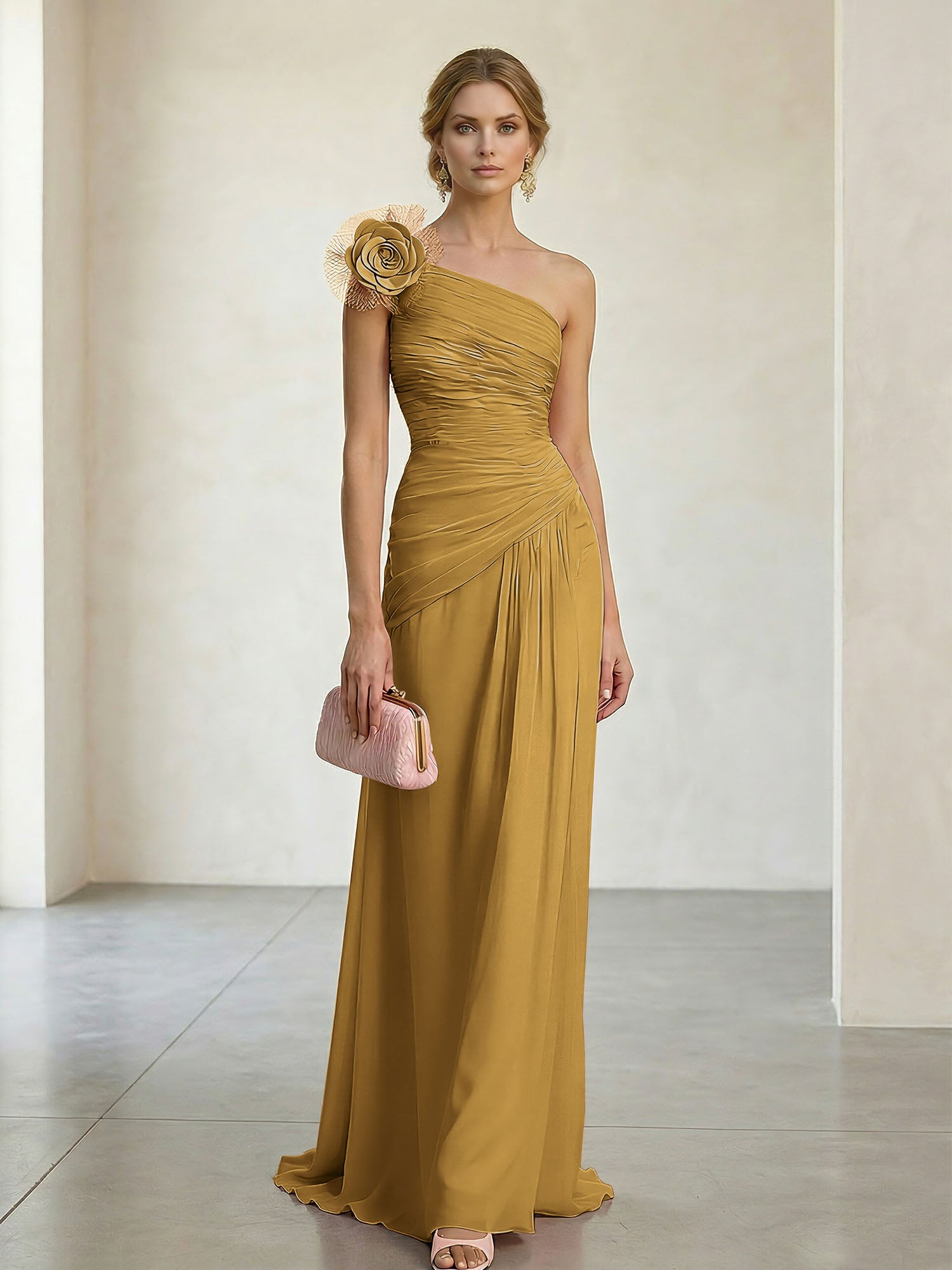 Blush Pink One-Shoulder Ruched 3D Floral Gown Dress