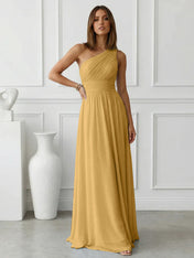 Timeless Light Blue One-Shoulder Maxi Dress Ruched Chiffon Gown