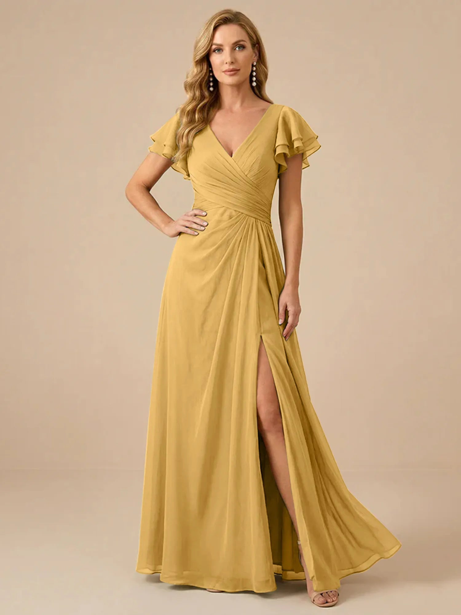 Sage Green V-Neck High-Slit Pleated Chiffon Dress
