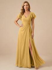 Sage Green V-Neck High-Slit Pleated Chiffon Dress