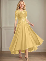 A-line Scoop Illusion Asymmetrical Chiffon Lace Mother of the Bride Dress With Sequins