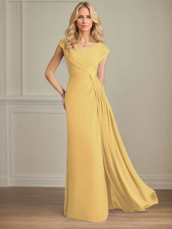 Column Chiffon V Neck Sleeveless Floor Length Mother of the Bride Dresses
