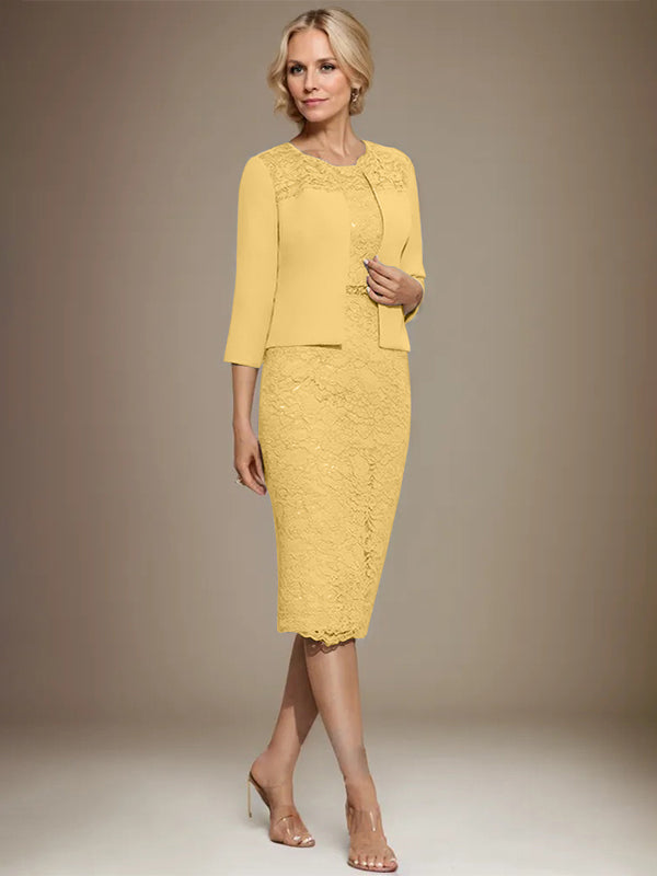 Column Scoop Knee-Length Chiffon Lace Mother of the Bride Dress With Beading