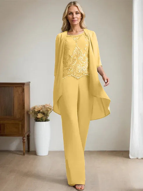 Pantsuit Scoop Floor-Length Chiffon Lace Mother of the Bride Dress With Beading Sequins