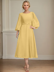 A-line Scoop Tea-Length Chiffon Mother of the Bride Dress With Crystal Brooch Pleated