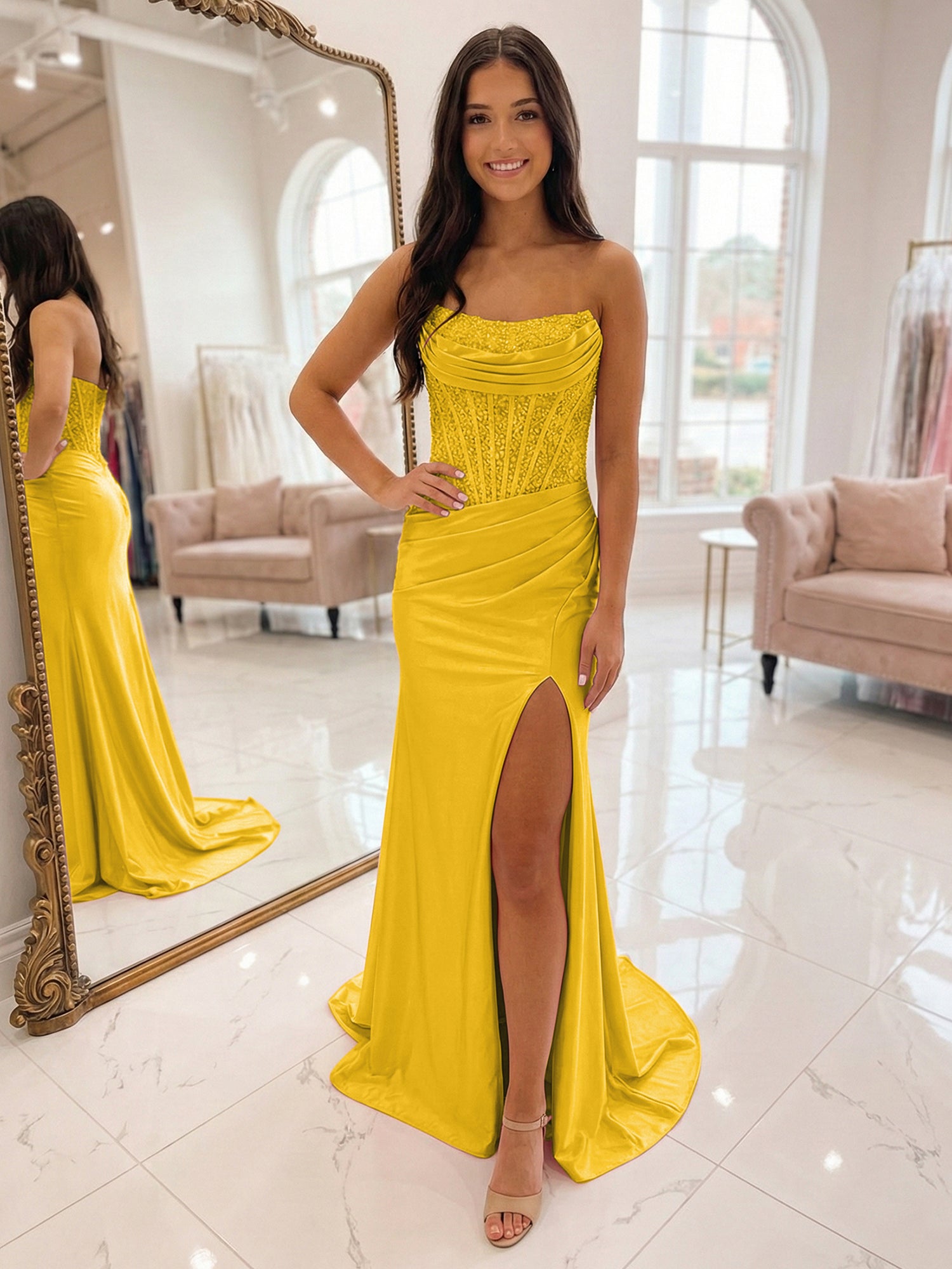 Romantic Pink Satin Corset Slit Prom Dress with Beaded Bodice