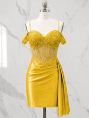 Sweetheart Sheer Corset Mini Dress with Cascading Side Drape Homecoming Dresses