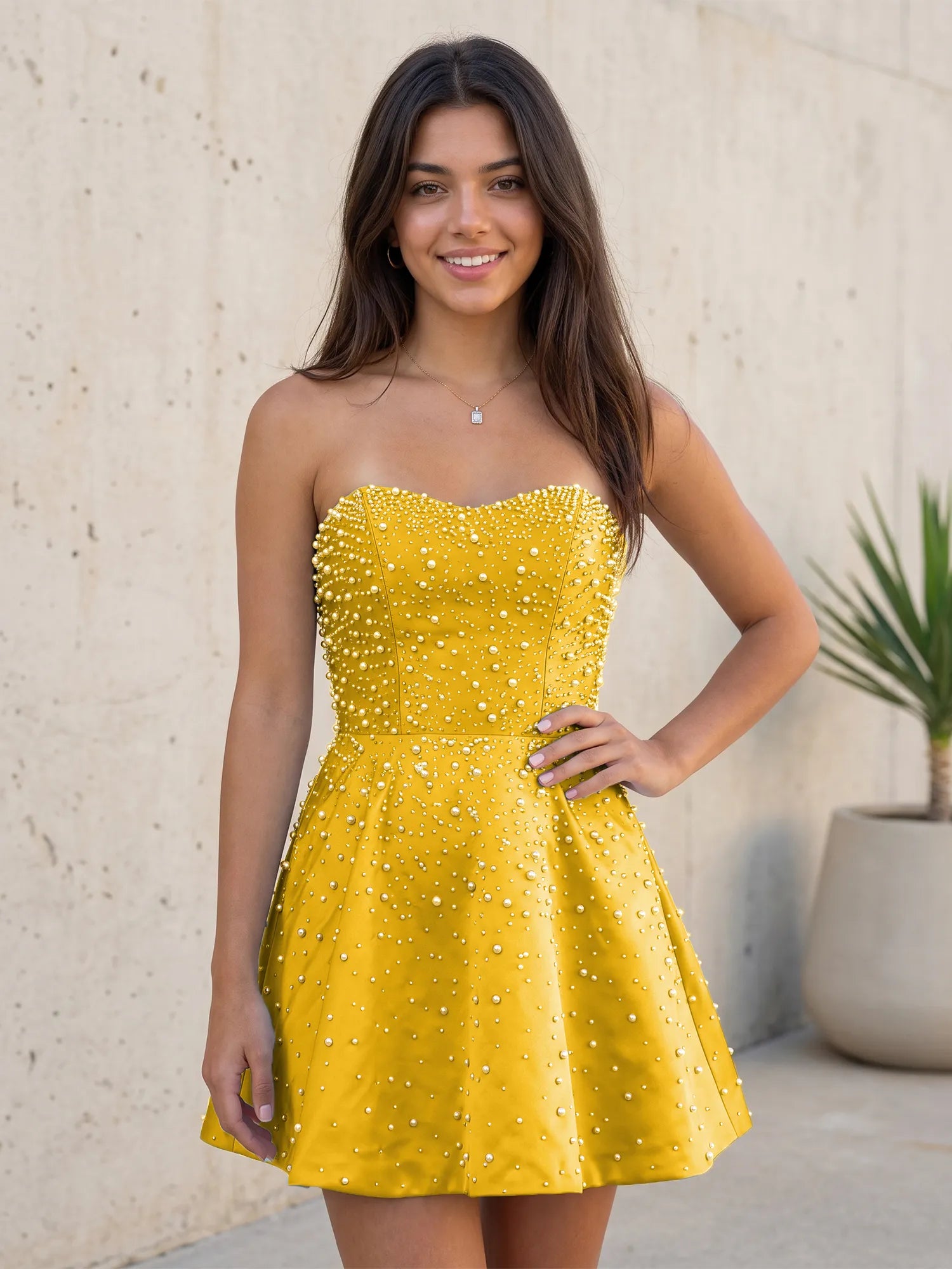 Baby Blue All Over Pearl Strapless Satin A-Line Mini Homecoming Dresses
