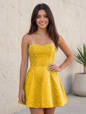 Baby Blue All Over Pearl Strapless Satin A-Line Mini Homecoming Dresses