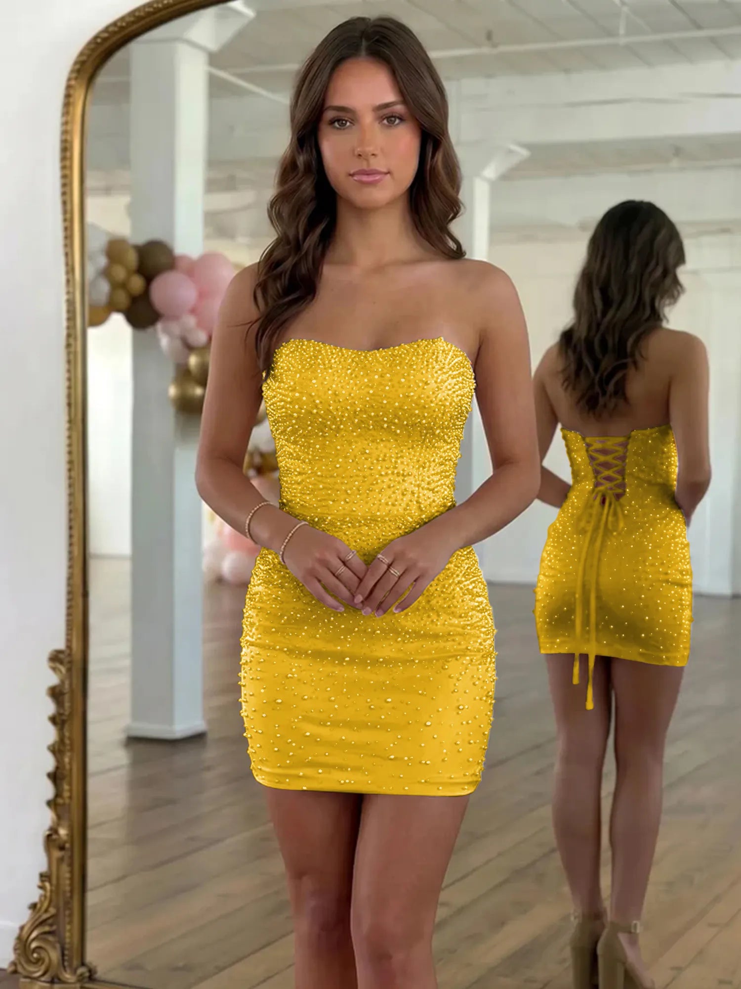 Strapless Sweetheart Allover Pearl Embellished Mini Dress Homecoming Dresses