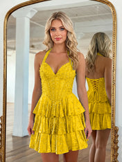 Halter Neck Pearl Beaded Tiered Short Homecoming Dresses
