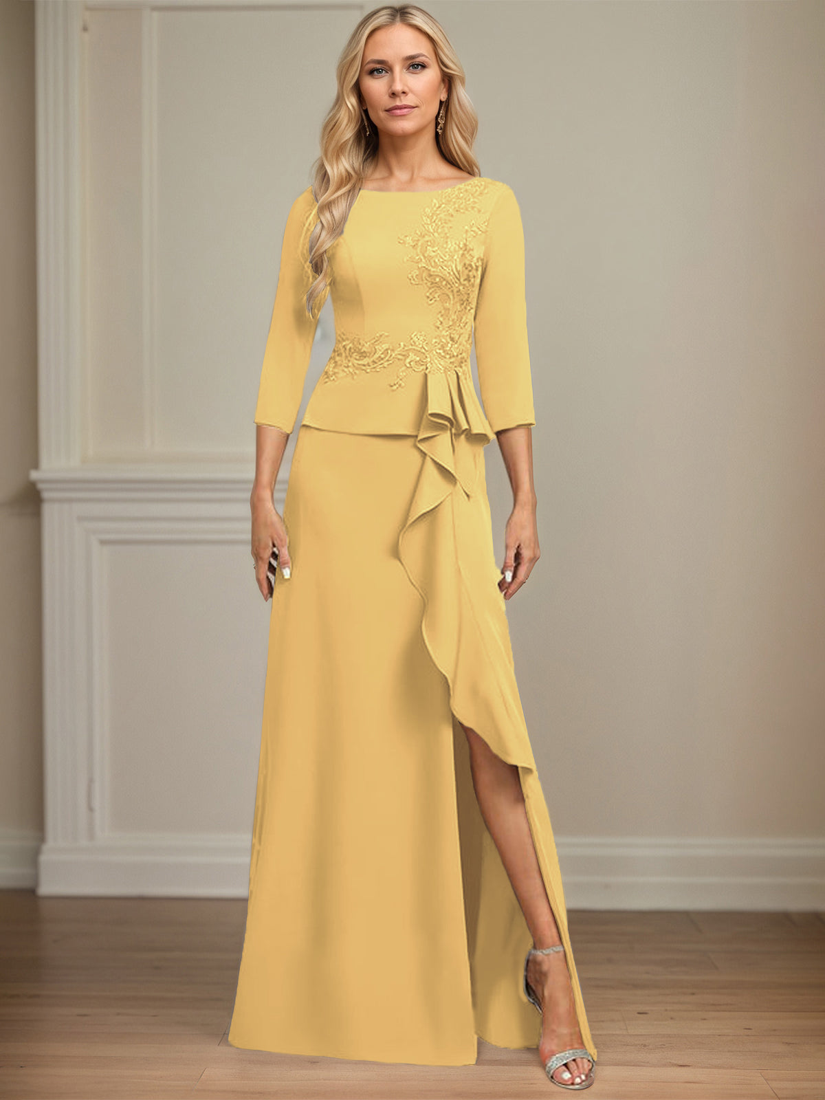 Column Scoop Floor-Length Stretch Crepe Dress With Cascading Ruffles Appliques