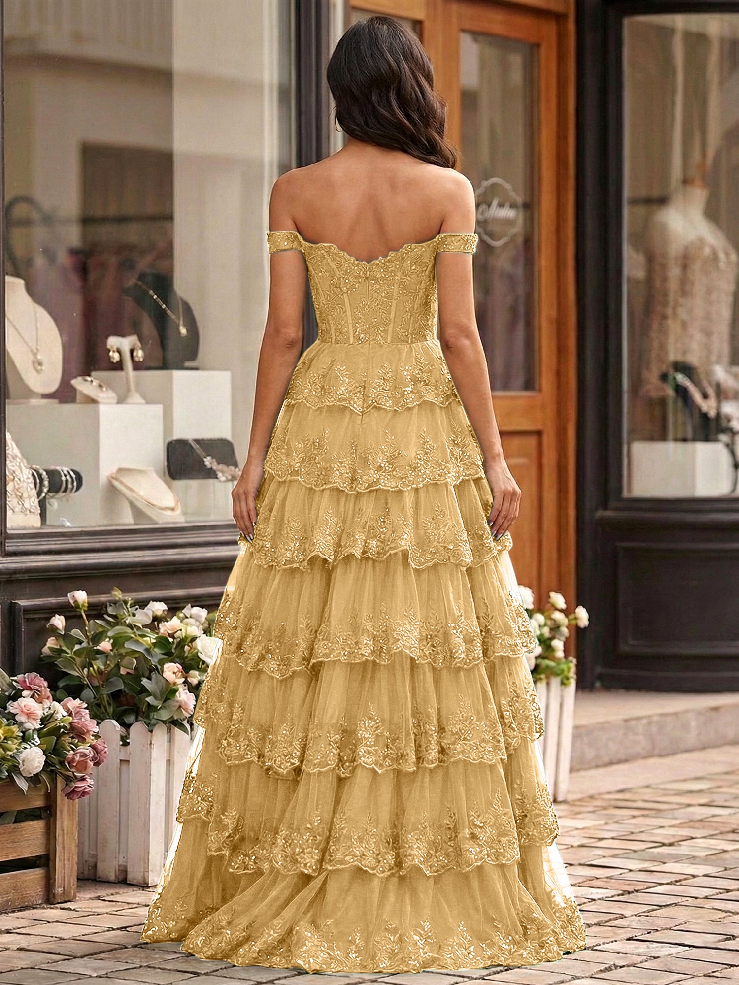 Emerald Green Lace Corset Tiered Ruffle Long Prom Dress with Slit