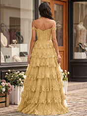 Emerald Green Lace Corset Tiered Ruffle Long Prom Dress with Slit