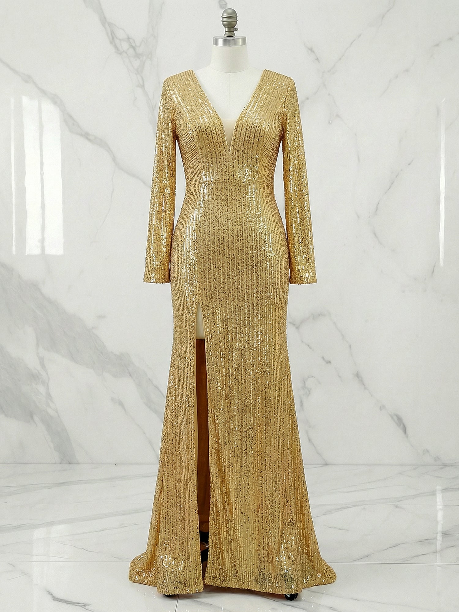 Dreamylily Women Gold Dress Sequin High Slit Long Sleeve Mermaid Maxi