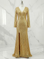 Gold Dress Sequin High Slit Long Sleeve Mermaid Maxi Dress Gown