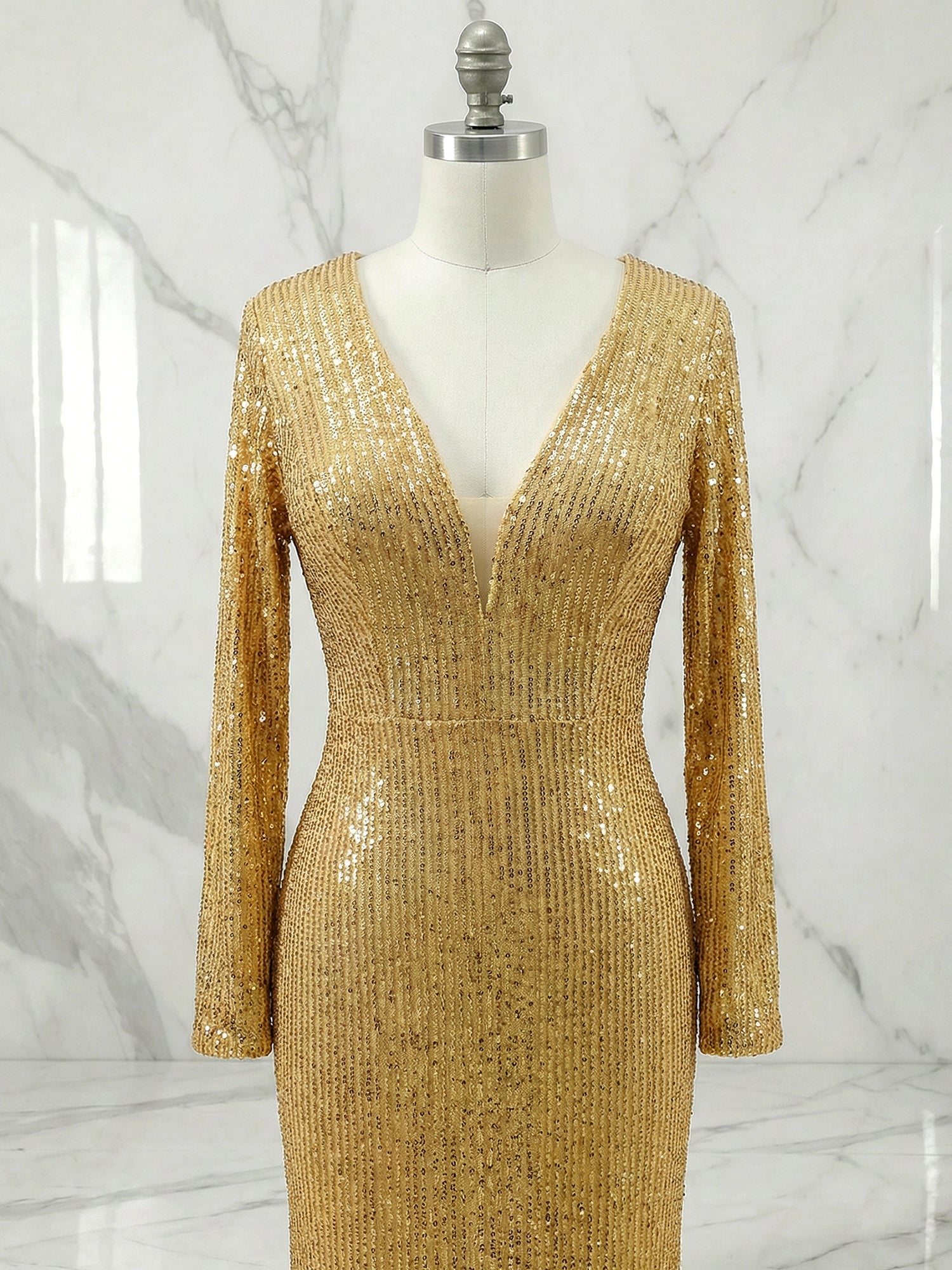 Gold Dress Sequin High Slit Long Sleeve Mermaid Maxi Dress Gown