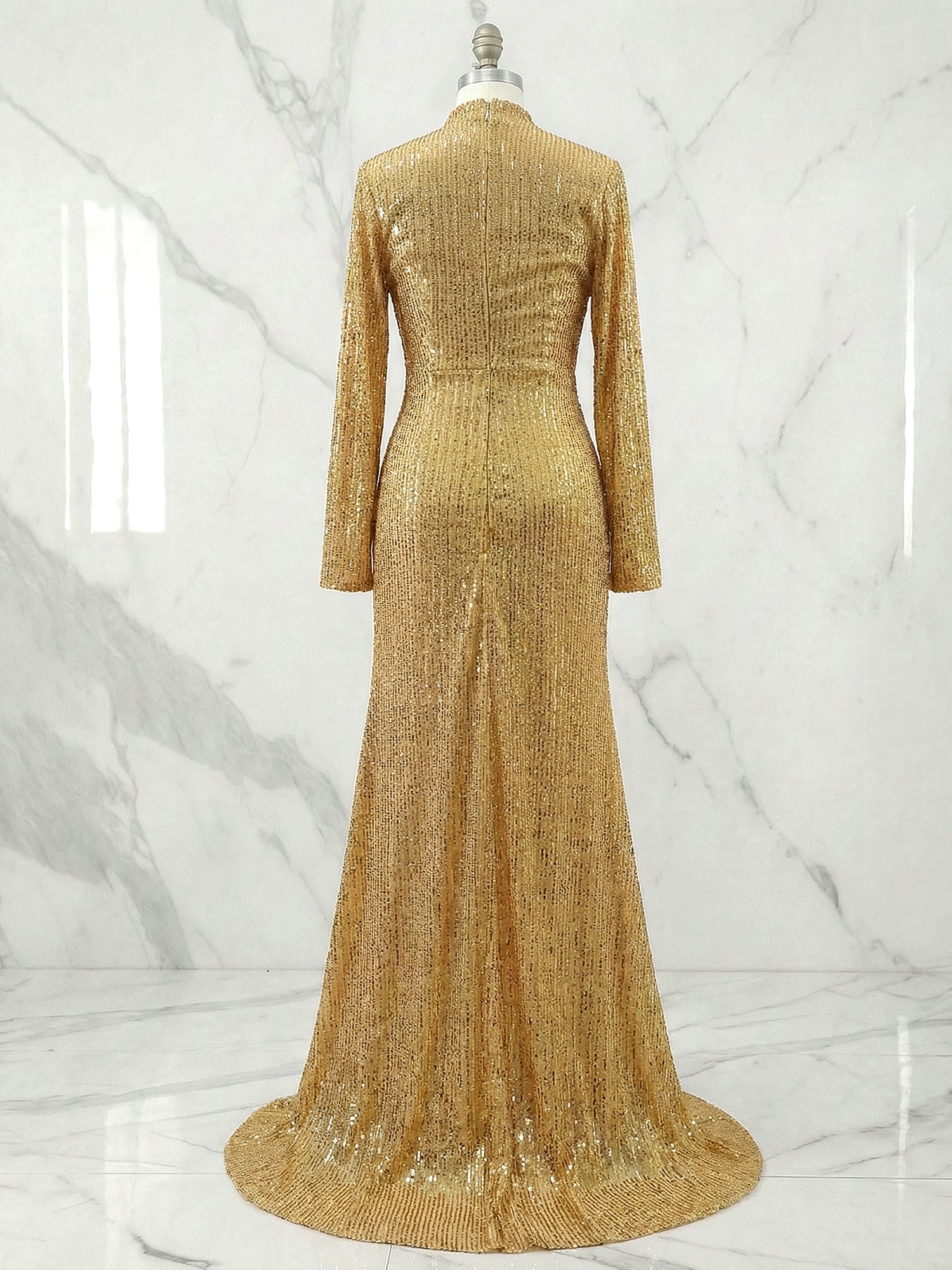 Gold Dress Sequin High Slit Long Sleeve Mermaid Maxi Dress Gown