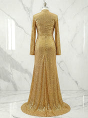 Gold Dress Sequin High Slit Long Sleeve Mermaid Maxi Dress Gown