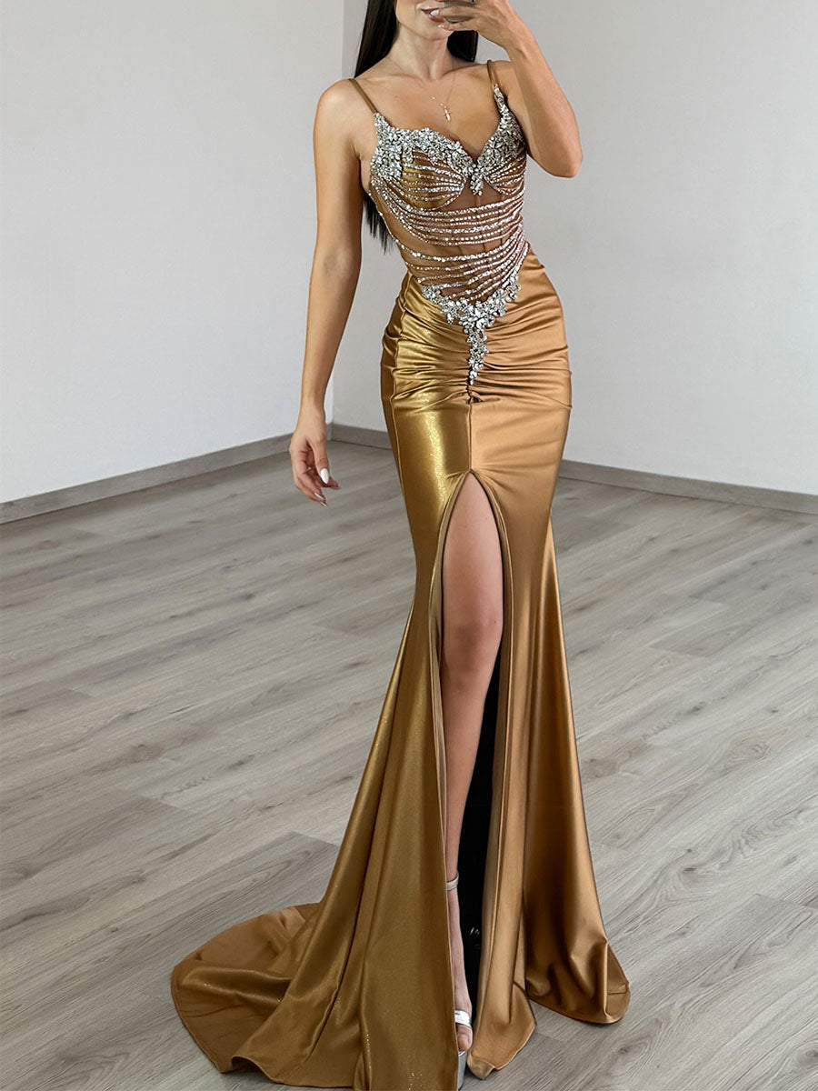Gold Liquid Beaded Bodice Satin Prom Dress with Slit