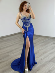 Gold Plunging V-Neck Beaded Bodice Satin Prom Dress with Slit