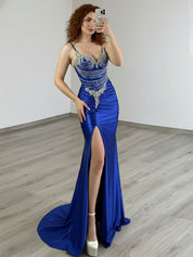 Gold Plunging V-Neck Beaded Bodice Satin Prom Dress with Slit