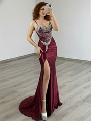 Gold Plunging V-Neck Beaded Bodice Satin Prom Dress with Slit