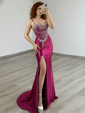 Gold Plunging V-Neck Beaded Bodice Satin Prom Dress with Slit