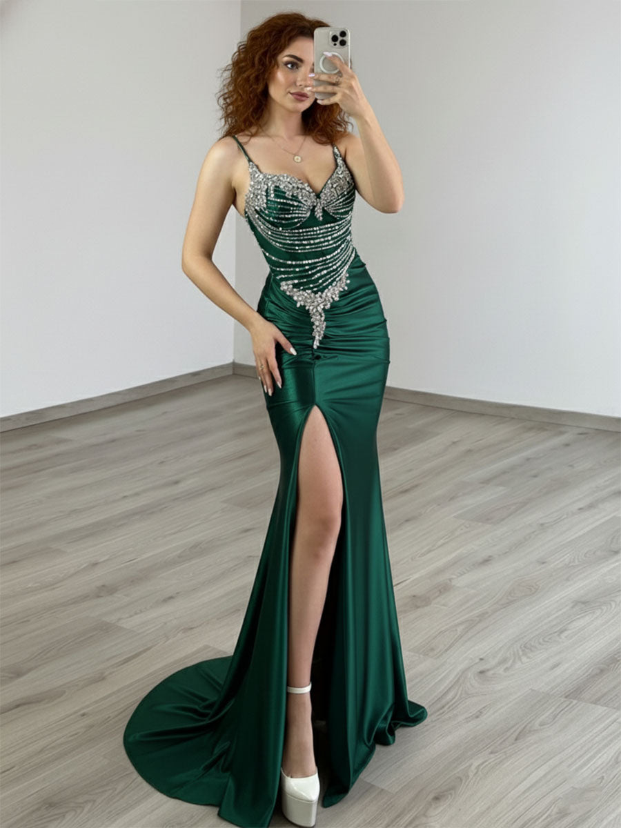 Gold Plunging V-Neck Beaded Bodice Satin Prom Dress with Slit