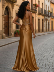 Glamorous Cascading Crystal Beaded Bodice Prom Dress with Slit