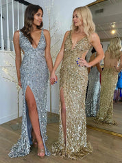 Gold Mermaid V-Neck Backless Long Tight Sequin Prom Dress