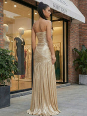 Gold Metallic Pleated Strapless Long Prom Dress with Slit
