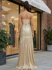 Gold Metallic Pleated Strapless Long Prom Dress with Slit