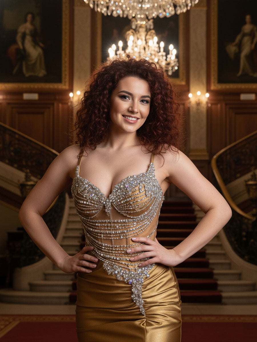 Gold Plunging V-Neck Cascading Crystal Satin Prom Dress with Slit