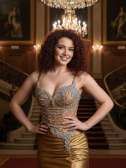 Gold Plunging V-Neck Cascading Crystal Satin Prom Dress with Slit